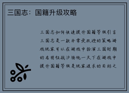 三国志：国籍升级攻略